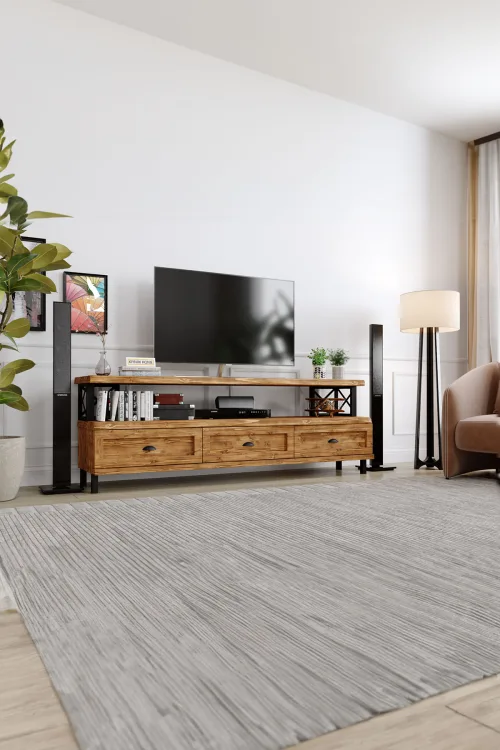 Yasemin Tv Ünitesi – %100 Gerçek Ağaç, Uzun Ömürlü Kullanım, Kişiye Özel Üretim